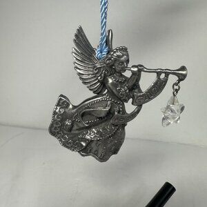 Vintage Avon Pewter Angel Ornament With Trumpet & Crystal Hanging Star Christmas